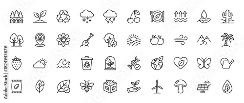 Ecology and environmental protection line icon set. Vector pictograms of recycling, planting, earth, forest, and agriculture, thin linear illustration.