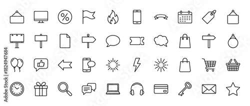 E-commerce and marketing line icon set. Vector pictograms of shopping cart, megaphone, laptop, calendar, and delivery, thin linear illustration.