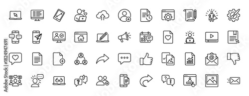Social network and digital media line icon set. Vector pictograms of messaging, profile, settings, and communication, thin linear illustration.
