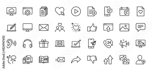 Social media and communication line icon set. Vector pictograms of message, notification, calendar, heart, and share, thin linear illustration.
