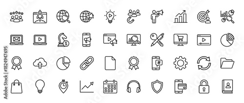 Digital marketing and business line icon set. Vector pictograms of research, strategy, analytics, and e-commerce, thin linear illustration.
