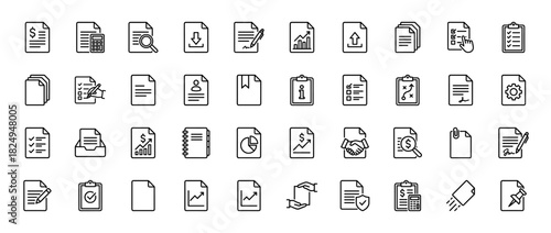 Business and finance line icon set. Vector pictograms of document, chart, clipboard, and contract, thin linear illustration.