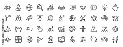 Business line icon set. vector pictograms of career, success, teamwork, money, and global growth, thin linear illustration.
