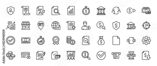 Finance and banking line icon set. Vector pictograms of document, chart, bank, money, and security shield, thin linear illustration.