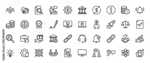 Business and finance line icon set. Vector pictograms of money, gear, document, brain, and handshake, thin linear illustration.