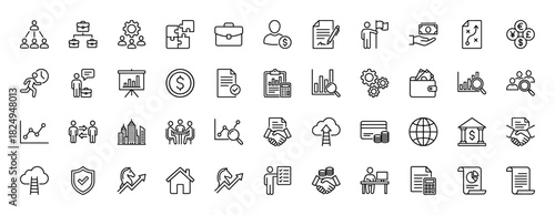 Business and finance line icon set. Vector pictograms of teamwork, document, money, and management, thin linear illustration.