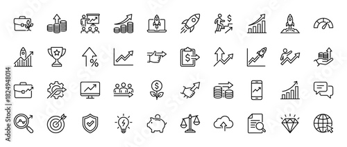 Business and finance line icon set. Vector pictograms of growth charts, rockets, money, trophies, and planning, thin linear illustration.