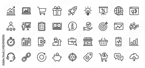 E-commerce and business line icon set. Vector pictograms of shopping cart, target, graph, calendar, and lightbulb, thin linear illustration.