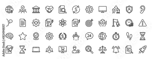 Business and finance line icon set. Vector pictograms of settings, currency exchange, handshake, target, and documents, thin linear illustration.