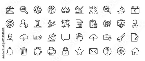 Business and finance line icon set. Vector pictograms of money, strategy, banking, growth, and management, thin linear illustration.