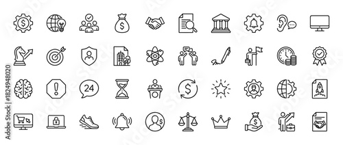 Business and finance line icon set. Vector pictograms of gear, handshake, money bag, hourglass, and rocket, thin linear illustration.