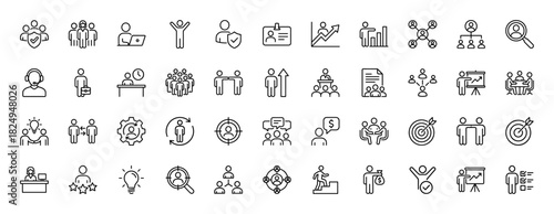 Business line icon set. Vector pictograms of team, growth, success, target, and achievement, thin linear illustration.