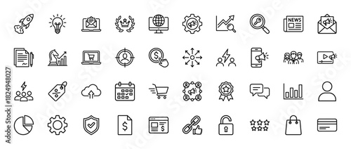 Digital marketing line icon set. Vector pictograms of graph, gear, shopping cart, rocket, and shield, thin linear illustration.