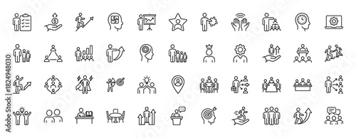 Business and leadership line icon set. Vector pictograms of teamwork, management, success, career growth, and goals, thin linear illustration.