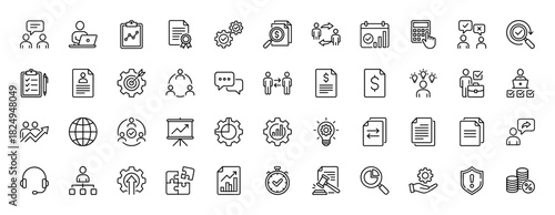 Business and management line icon set. Vector pictograms of charts, documents, gears, and meeting people, thin linear illustration.