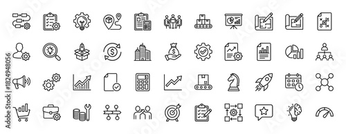 Business and strategy line icon set. Vector pictograms of planning, management, finance, and logistics, thin linear illustration.