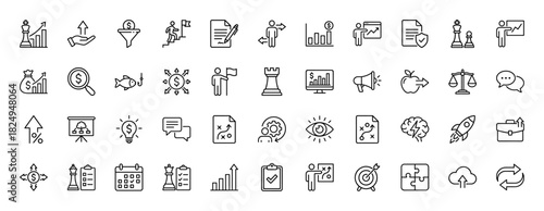 Business and strategy line icon set. Vector pictograms of growth chart, chess piece, target, and funnel, thin linear illustration.