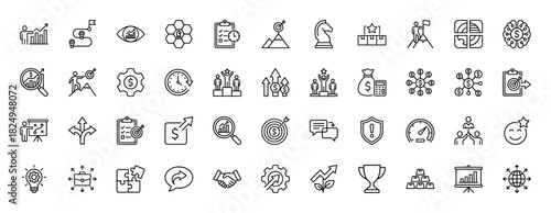 Business strategy and management line icon set. Vector pictograms of goals, finance, success, planning, and teamwork, thin linear illustration.