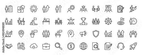Business and management line icon set. Vector pictograms of teamwork, strategy, growth, success, and planning, thin linear illustration.
