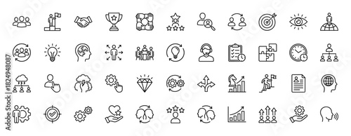 Business and management line icon set. Vector pictograms of teamwork, strategy, success, time management, and problem-solving, thin linear illustration.