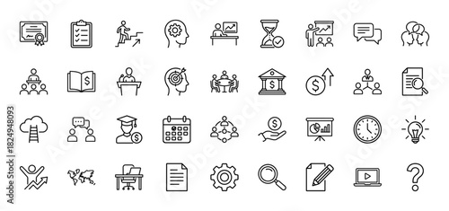 Business management and education line icon set. Vector pictograms of presentation, finance, career ladder, and time, thin linear illustration.