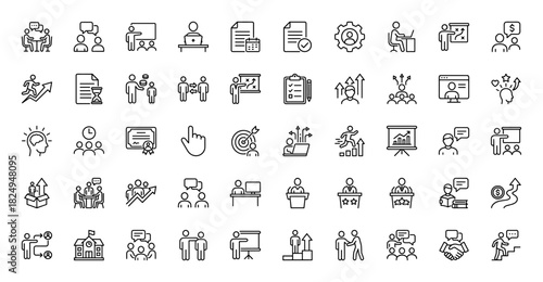 Business and career development line icon set. vector pictograms of training, meeting, presentation, growth, and teamwork, thin linear illustration.