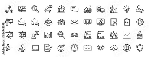 Business and finance line icon set. Vector pictograms of teamwork, strategy, growth, and analytics, thin linear illustration.