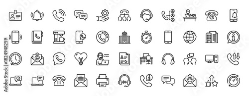 Customer service and communication line icon set. Vector pictograms of telephone, headset, speech bubble, and mailbox, thin linear illustration.