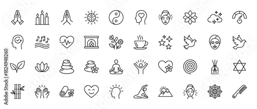 Wellness and spirituality line icon set. Vector pictograms of brain, heart, candles, yin-yang, yoga, and meditation, thin linear illustration.