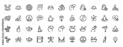 Wellness and relaxation line icon set. Vector pictograms of meditation, yoga, zen stones, and natural elements, thin linear illustration.