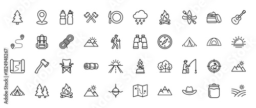 Camping and outdoor recreation line icon set. Vector pictograms of campfire, tent, backpack, and mountain, thin linear illustration.