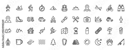 Outdoor adventure line icon set. Vector pictograms of camping, hiking, travel, and fishing gear, thin linear illustration.
