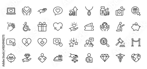 Charity and donation line icon set. Vector pictograms of heart, gift box, money, and medical cross, thin linear illustration.