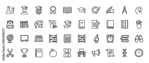 Education line icon set. Vector pictograms of books, graduate cap, microscope, calculator, and drawing palette, thin linear illustration.