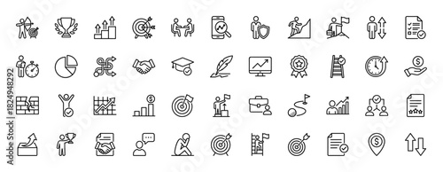 Business success and goal-setting line icon set. Vector pictograms of target, growth, achievement, finance, and teamwork, thin linear illustration.