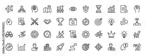 Business and personal growth line icon set. Vector pictograms of handshake, trophy, hourglass, target, and achievement, thin linear illustration.