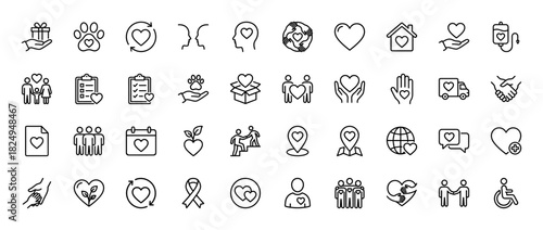 Charity and donation line icon set. vector pictograms of heart, blood bag, handshake, and care, thin linear illustration.