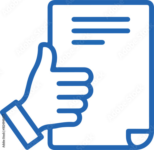 Hand giving thumbs up, holding an official document, symbolizing agreement, contract approval, positive feedback, or excellent review success.