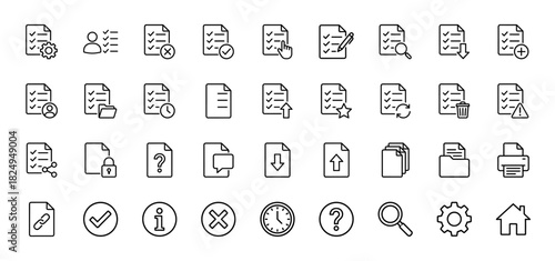 Task management and document administration line icon set. Vector pictograms of checklist, user profile, folder, calendar, and gear, thin linear illustration.