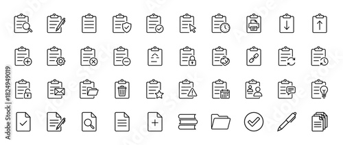Business and document management line icon set. Vector pictograms of clipboard, check mark, magnifying glass, folder, and settings, thin linear illustration.