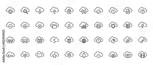 Cloud computing line icon set. Vector pictograms of upload, download, server, database, security, and linking, thin linear illustration.
