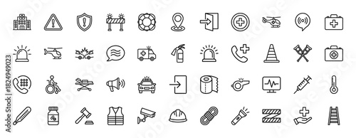 Emergency services and first aid line icon set. Vector pictograms of ambulance, hospital, syringe, and alert signs, thin linear illustration.