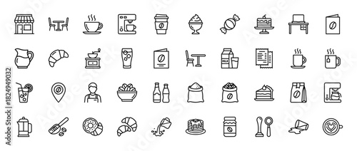 Coffee shop and cafe line icon set. Vector pictograms of beverage, pastry, table, cashier, and grinder, thin linear illustration.