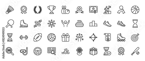 Sports and competition line icon set. Vector pictograms of trophies, medals, archery, and athletics, thin linear illustration.