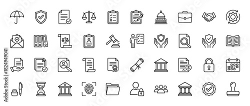 Legal and justice line icon set. Vector pictograms of gavel, document, briefcase, and balance scale, thin linear illustration.