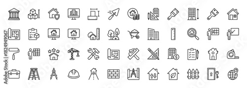 Architecture and construction line icon set. Vector pictograms of house, blueprint, tools, and building, thin linear illustration.
