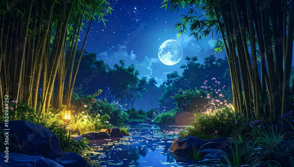 Fototapeta premium Moonlit Bamboo Garden Pond