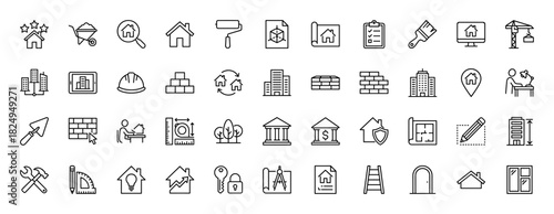 Real estate and construction line icon set. vector pictograms of house, blueprint, crane, bricks, tools, and city buildings, thin linear illustration.