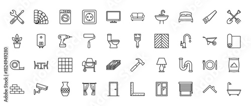 Home repair and construction line icon set. Vector pictograms of tools, furniture, plumbing, and building materials, thin linear illustration.