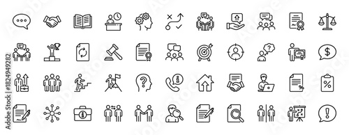 Business and corporate strategy line icon set. Vector pictograms of handshake, agreement, goal, and meeting, thin linear illustration.
